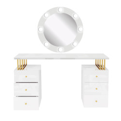 Toaletka KLARA 6S z lustrem okrągłym białym 65cm z żarówkami LED biały połysk/złoty