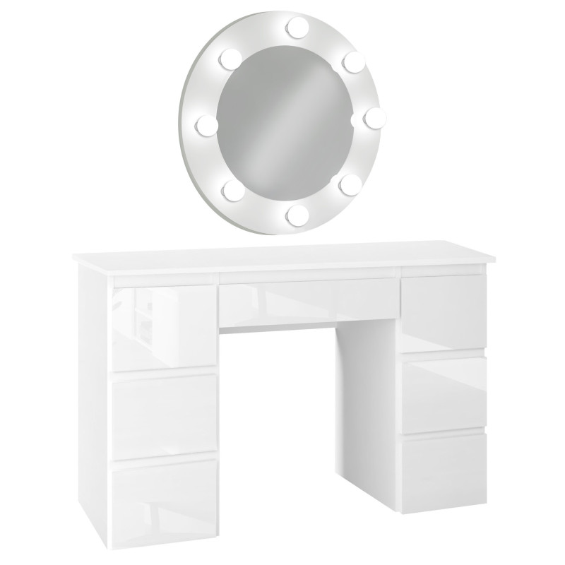 Toaletka MEGAN B3 z lustrem okrągłym białym 65cm z żarówkami LED biały połysk Toaletka MEGAN B3 z lustrem okrągłym białym 65cm z żarówkami LED biały połysk